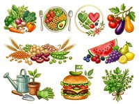 Healthy eating concept with fresh vegetables, fruits, legumes, and nutritious food on white isolated background for diet, nutrition, wellness, and cooking design projects.