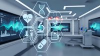 Modern hospital laboratory with digital medical technology icons overlay showing healthcare innovation and scientific research equipment.