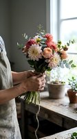 Florist hands arranging fresh flower bouquet with dahlias, roses and eucalyptus in rustic workshop setting for special occasions and gift giving.