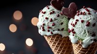 Mint ice cream scoops in waffle cones decorated with chocolate hearts and red sprinkles against blurred bokeh lights background, romantic dessert setup.