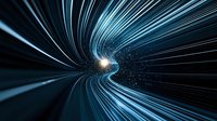 Dynamic blue light trails creating futuristic wormhole tunnel effect against dark background with glowing center point and particle effects, for sci-fi and technology designs.