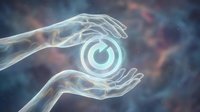 Hands protecting glowing power button symbol with energy aura against cosmic background for technology and digital protection concepts.
