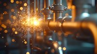 Sparks fly from industrial pipeline with metal valve and joints in manufacturing facility, dramatic lighting creates glowing orange bokeh effect.