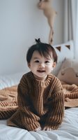 Smiling Asian toddler wearing oversized brown knit sweater sitting on bed with white bedding and bunting flags in background, natural morning light.