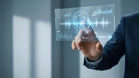 Businessman hand touching digital holographic interface with sound waves, audio analytics, and data visualization charts for music production, podcast editing, and sound engineering applications.