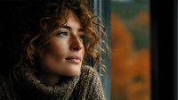Young Caucasian woman with curly hair wearing cozy knit sweater looking thoughtfully out window during golden hour light for lifestyle and fashion content.