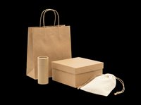 Kraft paper shopping bag with handles, cardboard box, kraft tube, and cotton drawstring pouch isolated on transparent background, ready for packaging design, branding mockups, print-on-demand products, and retail presentations.