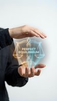 Hands holding glowing scales hologram symbol representing balance, justice, and equilibrium concept for legal, business, and decision-making applications.