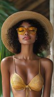 Young African American woman with natural curly hair wearing straw hat, yellow sunglasses and bikini top, eyes closed in serene summer portrait against tropical background.