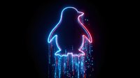 Glowing neon penguin outline with digital data streams flowing downward on dark background for tech and cyberpunk design projects.
