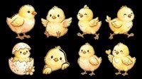 Cute baby chicks set in various poses, isolated on transparent background. Great for Easter clipart, stickers, t-shirt design, print on demand, and sublimation projects.