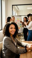 Smiling African American businesswoman in modern office with diverse team collaborating on project planning and strategy development in background.