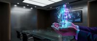 Businessman hand presenting holographic human anatomy model in modern conference room for medical technology presentation and healthcare innovation.