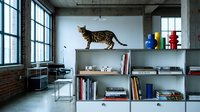 A tabby cat stands on industrial shelving in a modern loft workspace with large windows, concrete ceiling, brick walls, and organized books and decorative items.