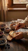 Hands spreading butter on toasted bread at a rustic wooden table with berries, jam, and hot tea in warm morning light.