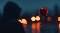 Single red rose silhouette against blurred city lights at dusk creates romantic mood with glowing orange bokeh effect in dark moody atmosphere.
