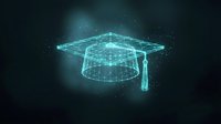 Glowing wireframe graduation cap with digital particles on dark background, representing online education, e-learning, and academic achievement in technology.