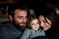 Young family sharing tender moment together, bearded father in grey sweater, little daughter and brunette mother embracing with genuine smiles in warm low-key lighting.