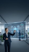 Woman in business suit interacting with holographic quality assurance interface displaying checkmarks and security icons in modern office environment for corporate technology concepts.