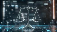 Digital scales of justice on glowing cyber grid background with bokeh light effects, representing law technology and digital transformation in legal industry.