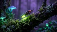 Glowing firefly beetle on moss-covered tree branch in enchanted purple forest with bioluminescent mushrooms creating magical nighttime atmosphere.