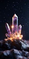 Magical crystal cluster with galaxy reflections glowing on dark starry background, mystical quartz formation emerging from rough stone surface with cosmic light.