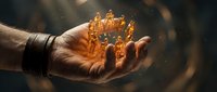 Golden crown held in open palm of man with bracelet, glowing with warm light against dark background, symbolizing success, achievement, power, leadership and ambition.