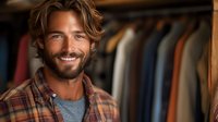 Young bearded man with wavy brown hair wearing plaid flannel shirt smiling warmly at camera, standing in front of clothing rack in casual home closet setting.