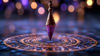 Ornate bronze pendulum suspended over intricate magical circle with glowing symbols and mystical patterns against bokeh lights background.