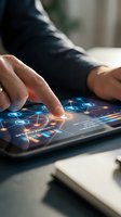 Businessman touching digital network interface on tablet screen with glowing connections and data visualization for modern business technology solutions.