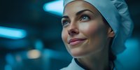 Female surgeon in surgical cap looking up with hopeful expression in blue-toned operating room environment.