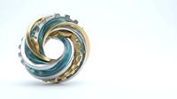 Swirling abstract ring with blue and gold metallic tones creating dynamic spiral motion, isolated on white background for design and creative projects.