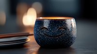 Smiling face ceramic mug with water droplets on dark surface, warm bokeh background creates cozy atmosphere. Decorative handcrafted cup with happy expression.