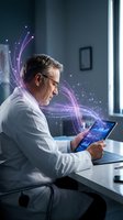 Senior Caucasian doctor using digital tablet with glowing purple data streams and particles in modern medical office for healthcare technology applications.