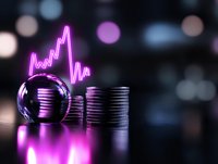 Crystal ball with glowing pink neon stock market chart and stacked coins on dark background with bokeh lights, financial prediction concept.