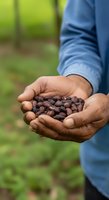 Farmer holding freshly harvested cocoa beans in hands outdoors with blurred green plantation background, agricultural harvest and crop production.
