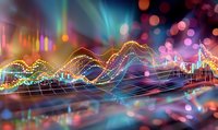 Abstract financial data visualization with colorful glowing wave lines and bokeh lights on dark background showing market trends and analysis.