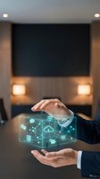 Businessman hands holding holographic cloud computing network with digital icons in modern office interior for technology presentations.