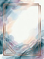 Watercolor abstract background with rose gold frame border, soft pastel blue, purple, and peach flowing ink washes, isolated on white for invitations, cards, and design projects.