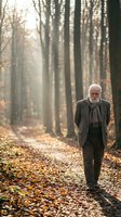 Senior man with white beard and gray hair walking alone on autumn forest path covered with fallen leaves, wearing brown jacket and scarf, suitable for lifestyle, aging, solitude, and nature themes.
