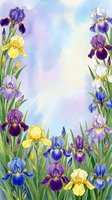 Watercolor iris flowers in purple, yellow, and blue tones arranged in a decorative border frame with soft pastel sky background, suitable for greeting cards, invitations, and floral design projects.