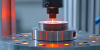 Industrial precision machining process with glowing heated metal workpiece on CNC machine tool creating sparks during manufacturing operation.