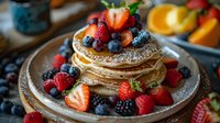 Stack of fluffy pancakes topped with fresh mixed berries, strawberries, blueberries, blackberries, and raspberries, dusted with powdered sugar on rustic plate.