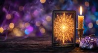 Mystical tarot card reading setup with glowing High Priestess card, burning candle, amethyst crystals on wooden table against purple bokeh background for divination.