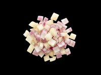 Diced ham and cheese cubes isolated on transparent background, ready for food design, recipe graphics, cooking blogs, menu illustrations, and culinary print-on-demand products.