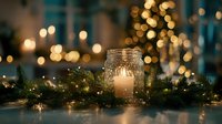 Glowing candle in mason jar surrounded by pine branches and fairy lights, creating warm holiday ambiance with bokeh Christmas tree in background.
