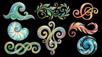 Watercolor decorative swirl elements set with ocean wave, nautilus shell, feather, and floral motifs, isolated on transparent background, ready for stickers, T-shirts, and print on demand.