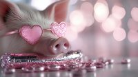 Cute pig wearing pink heart-shaped sunglasses lying on glittery surface with bokeh background, romantic Valentine's day concept for greeting cards and social media.
