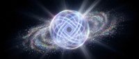Cosmic energy sphere with swirling galaxies and bright light beams in deep space. Abstract celestial phenomenon with glowing orb and stellar formations.
