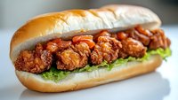 Crispy buffalo chicken sandwich on fresh baguette with lettuce and spicy sauce, close up view on light background. Appetizing fast food photography.